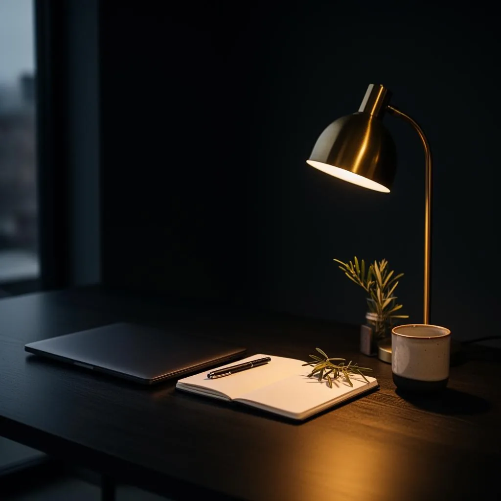 The WebByMaya studio workspace — a quiet desk lit by a brass lamp at dusk.